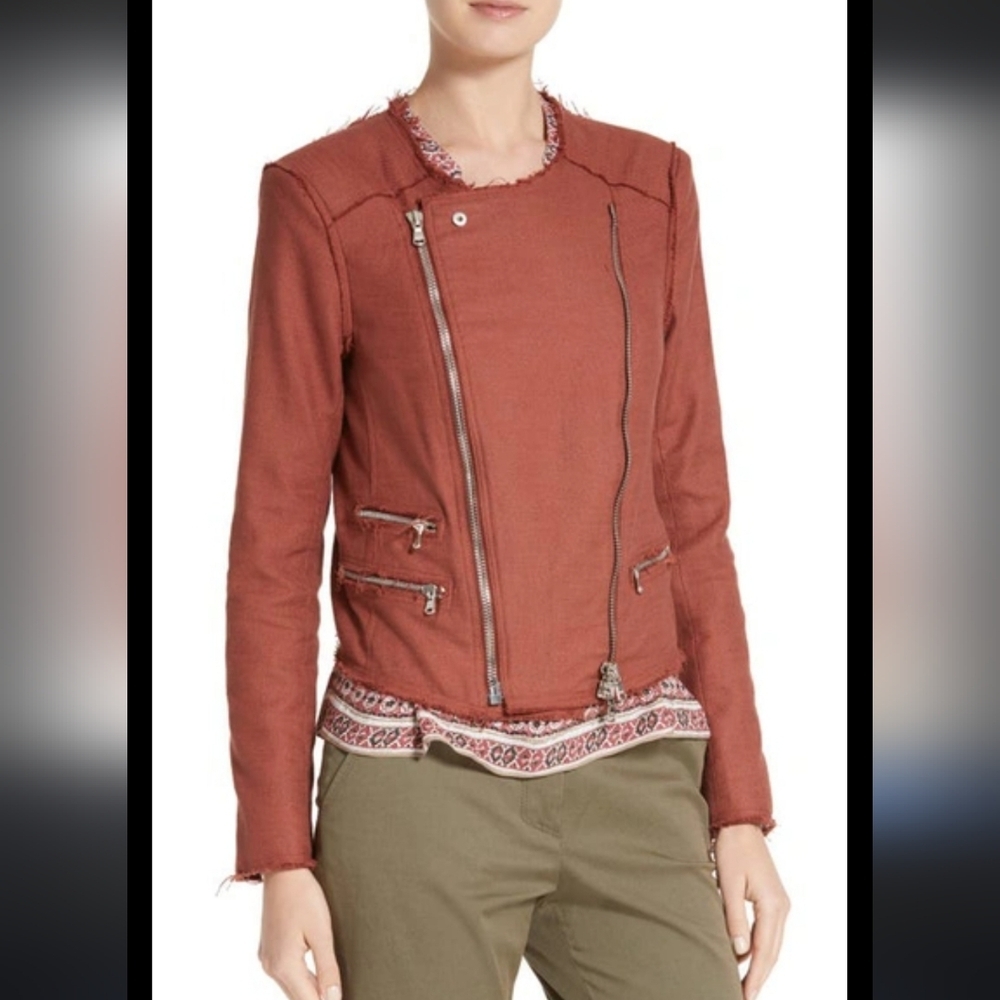 Veronica Beard Stevie Moto Fringe Trim Rust Jacket 0